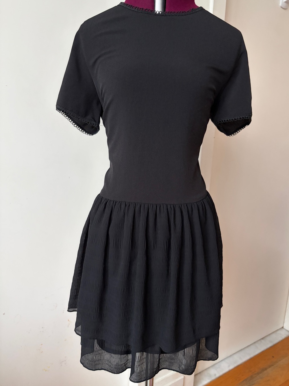 Paper Crown Black Loop-Trim Short Sleeve Tiered Dress